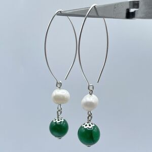 925 Sterling Silver Genuine Emerald Green Gemstone Pearl Dangle Hoop Earrings